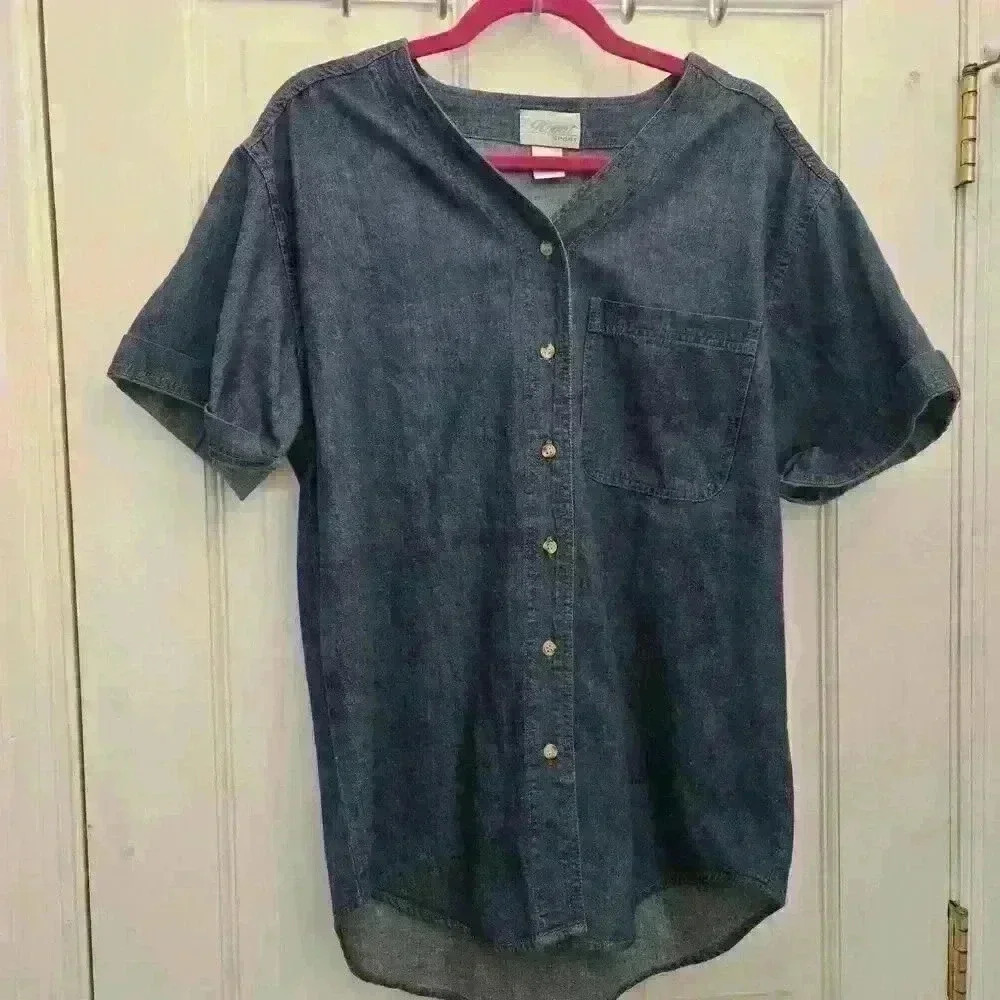 Riyal Sport Denim Button Down Tops,Small-Oversized